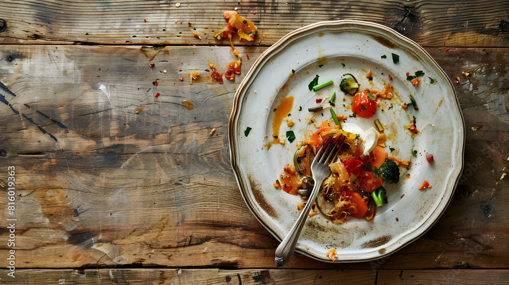 Poster dirty plate with food leftovers and fork on wooden background top view : generative ai