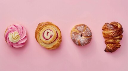 A row of four assorted pastries on a pink background. The pastries include a pink frosted cupcake,...