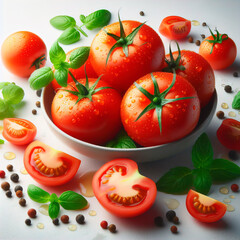 Fototapeta premium Tomato studio lighting, variety of tomatoes, tomatoes in the foreground.