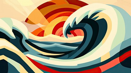 Obraz premium Abstract illustration of ocean waves and sunset. Colorful lines in the style of cubism and constructivism symbolize the movement of the water element