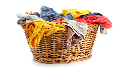 Overturned laundry basket full of clothes isolated on white