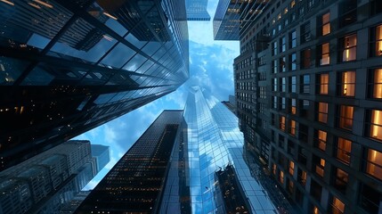Fototapeta na wymiar Reflective skyscraper business office buildings. Bottom up view.