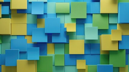 3D render of colorful blue, green and yellow squares arranged in an abstract pattern on a wall. The squares are arranged