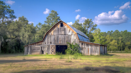 Obraz premium An old wooden rustic style barn in rural Georgia front view : Generative AI