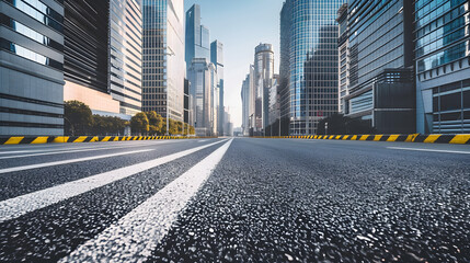 Empty urban asphalt road exterior with city buildings background New modern highway concrete construction Concept of way to success Transportation logistic industry fast delivery New Y : Generative AI