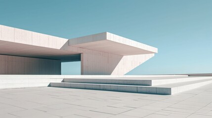 Fototapeta premium Modern minimalist concrete building with geometric shapes and clean lines under a clear blue sky