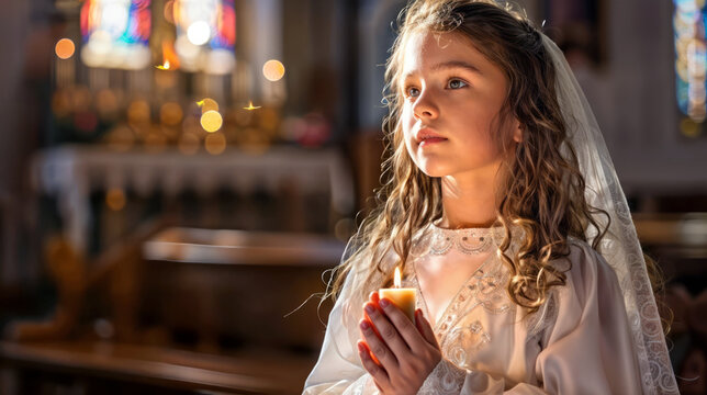 Young girl holding a candle during her First Communion in a church, symbolizing faith and devotion, with soft lighting and a contemplative expression.