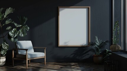 A mockup of an empty blank poster frame made of wood, placed on the wall with plants and an armchair next to it, in a dark navy blue room with natural light