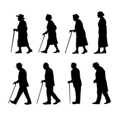 Set od silhouette of old man and woman walking, old age, senior woman - vector illustrationzki