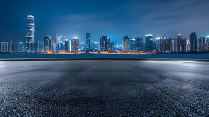 Panoramic skyline and modern commercial buildings with empty road Asphalt road and cityscape at night : Generative AI