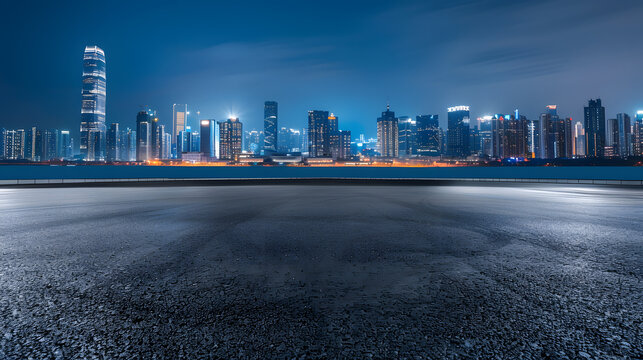 Fototapeta Panoramic skyline and modern commercial buildings with empty road Asphalt road and cityscape at night : Generative AI