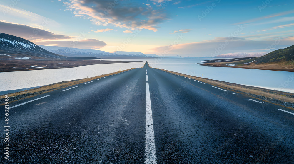 Poster diminishing perspective of asphalt empty roadway with road markings passing through scenic lake agai