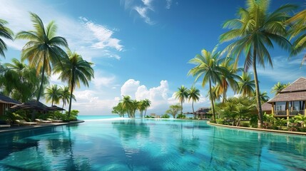 Fototapeta premium serene tropical resort view luxurious getaway destination with palm trees and turquoise waters ai generated landscape