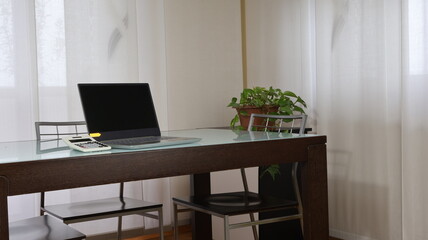 Tavolo in ufficio con computer e pianta verde. Parte di una serie.