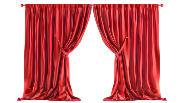 Red open curtain isolated on transparent background.