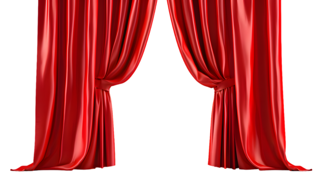 Red open curtain isolated on transparent background.