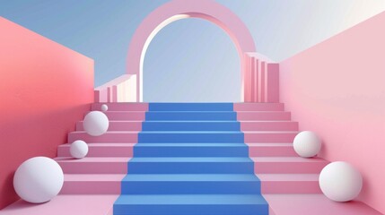 A surreal, pastel-colored staircase with blue steps and pink sides, leading to an archway. White spheres are placed on the steps and around the staircase
