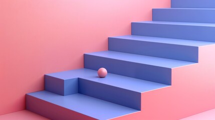 Fototapeta premium A minimalist scene featuring a pink ball on a blue staircase against a pink background. The image has a modern and abstract feel