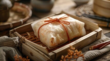 Fototapeta na wymiar Processed Fish or Shrimp Meat Wrapped in Dumpling Skin Shaped like a Bag