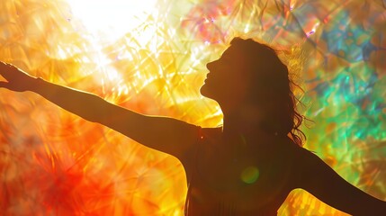 silhouette of a young woman with arms outstretched against a vibrant sunlit background abstract photo