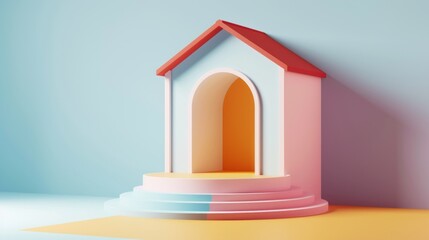 A minimalist 3D illustration of a small house with a red roof, arched doorway, and pastel colors