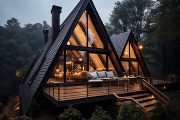 Triangular wooden house with a terrace and panoramic windows on the river bank in the forest. AI generated.