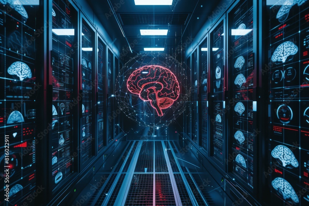 Poster digital brain concept with neural network hologram in a modern server data center