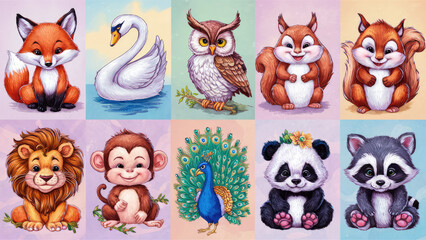 Naklejka premium A delightful arrangement of stickers, each featuring adorable and intricately painted animals