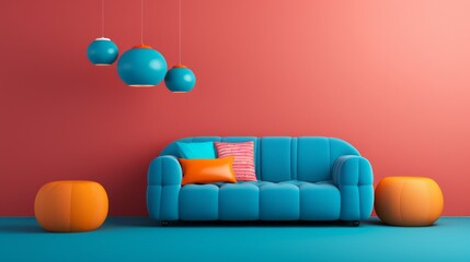 A modern living room with a blue sofa, orange poufs, and colorful pendant lights against a red wall