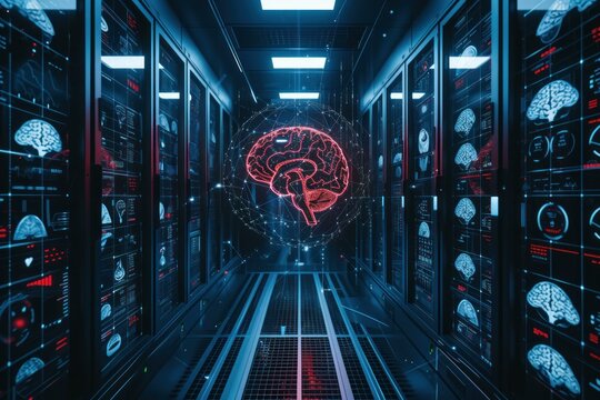 Digital brain concept with neural network hologram in a modern server data center