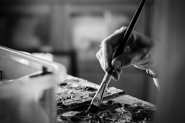 Woman's hand carrying paint brush on canvas black and white