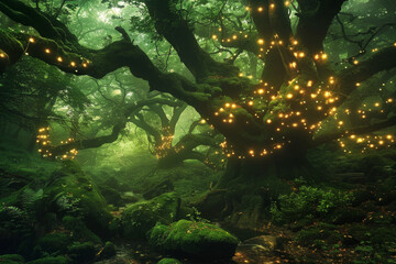 A mystical fairy tale forest illuminated by twinkling fairy lights, with moss-covered rocks, gnarled trees, and hidden glens.