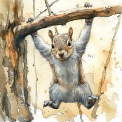 A watercolor squirrel doing pull-ups on a tree branch.