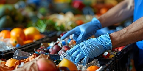 Fototapeta premium Hands in blue gloves sorting various waste for recycling or disposal. Concept Recycling, Waste Sorting, Environment, Sustainability, Blue Gloves