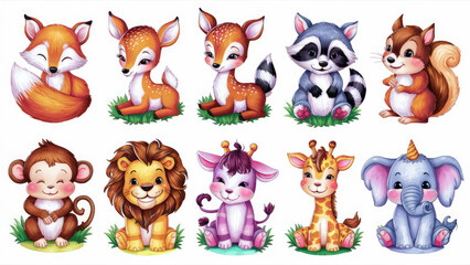 Naklejka premium A delightful arrangement of stickers, each featuring adorable and intricately painted animals