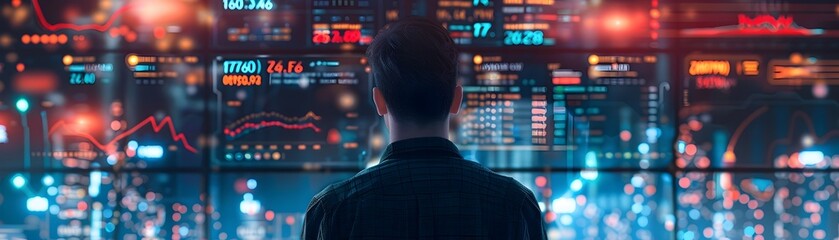 Data scientist analyzing big data from social media to predict trends Technology concept with colorful neon city background and futuristic user