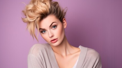 Portrait of a stylish woman with blonde hair and a neutral expression against a purple background