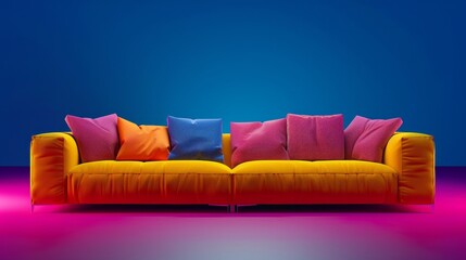 A modern yellow sofa with colorful cushions against a gradient blue and pink background. The sofa has a sleek design and is well-lit, creating a vibrant atmosphere