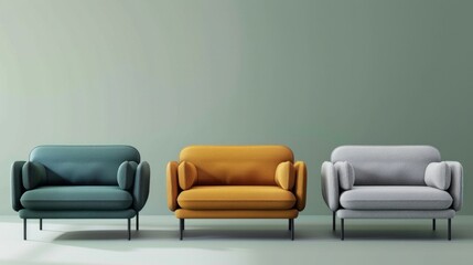 Three modern armchairs in different colors (green, yellow, and gray) arranged in a row against a minimalist green background