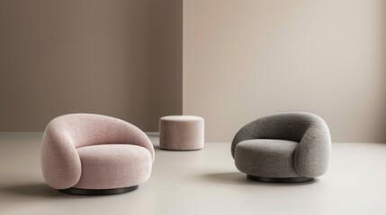 Modern minimalist living room with two round armchairs and a round ottoman in soft pastel colors