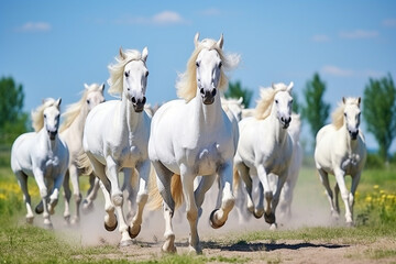 A herd of white horses runs across the meadow at sunset.