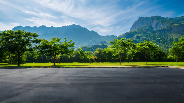 Asphalt road square and green forest with mountain natural landscape under blue sky : Generative AI