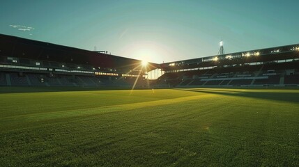 Fototapeta premium An empty stadium at dusk, spectacular lighting, shadows and reflections on the field 