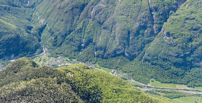 Cevio village in Maggia valley aerial, Switzerland