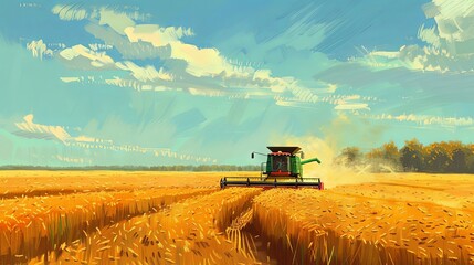 Obraz premium combine harvester, harvesting a wheat field, in the style of The New Yorker art
