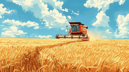 Fototapeta premium combine harvester, harvesting a wheat field, in the style of The New Yorker art