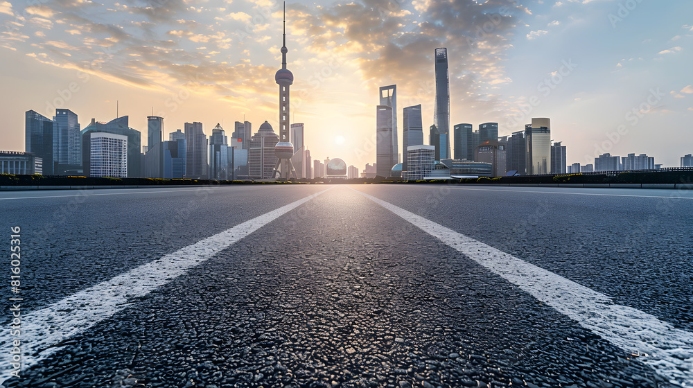 Poster empty asphalt road and city skyline with buildings at sunset in shanghai : generative ai