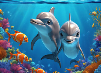 Dolphins under water at coral reef
with tropical fishes. Cartoon characters. 
Underwater world of ocean.
Algae, corals and sea anemones on the seabed.