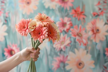 womans hand holding a bouquet of pink and orange gerberas with gerbera illustration wallpaper in the background