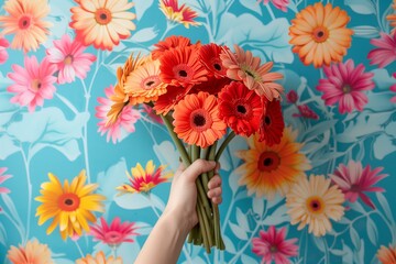 womans hand holding a bouquet of pink and orange gerberas with gerbera illustration wallpaper in the background